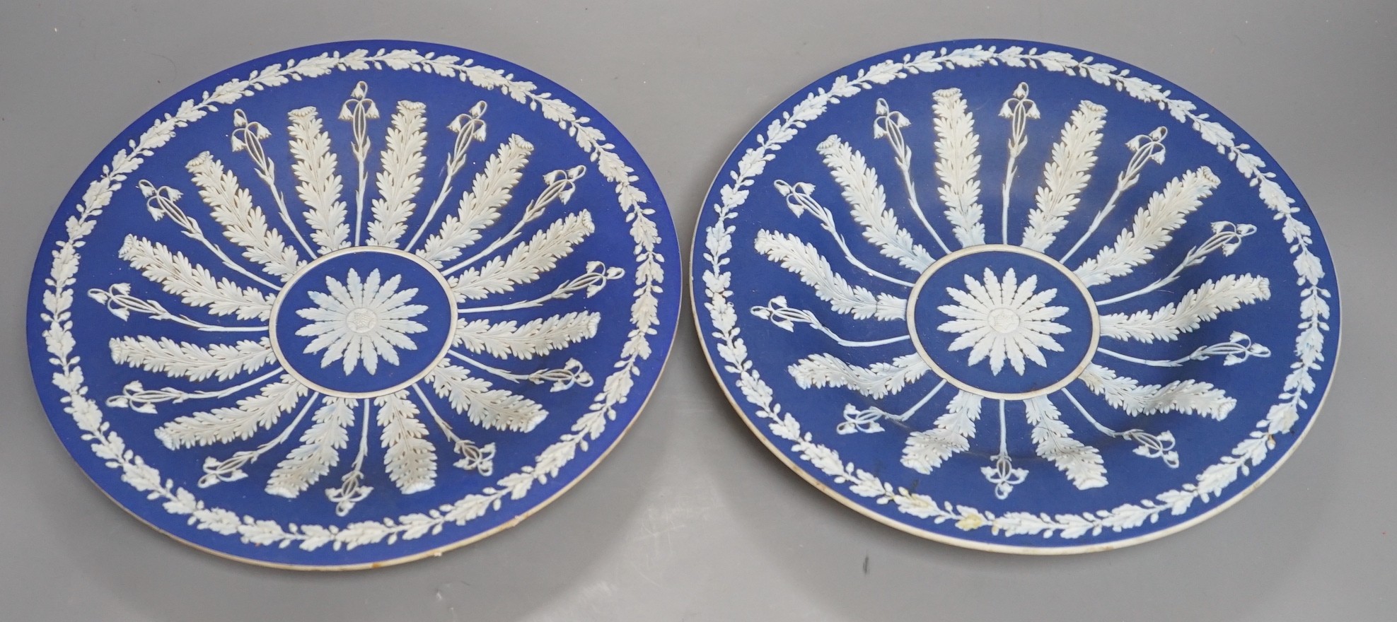 A pair of early 19th century Wedgwood jasper ware dishes, with radiating leaves from a central circle, 26cm